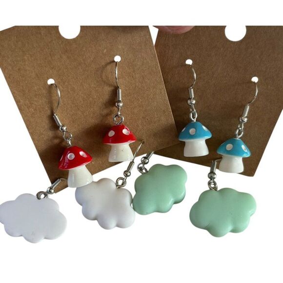 Whimsical Mushroom & Cloud Dangle Earrings Set - Picture 1 of 6